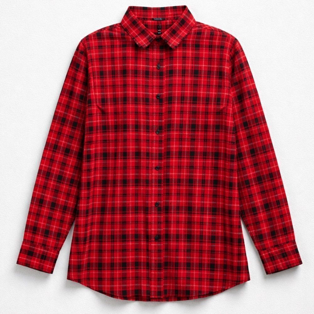 Meaneor red and black plaid button-down long sleeve collar shirt for wom…